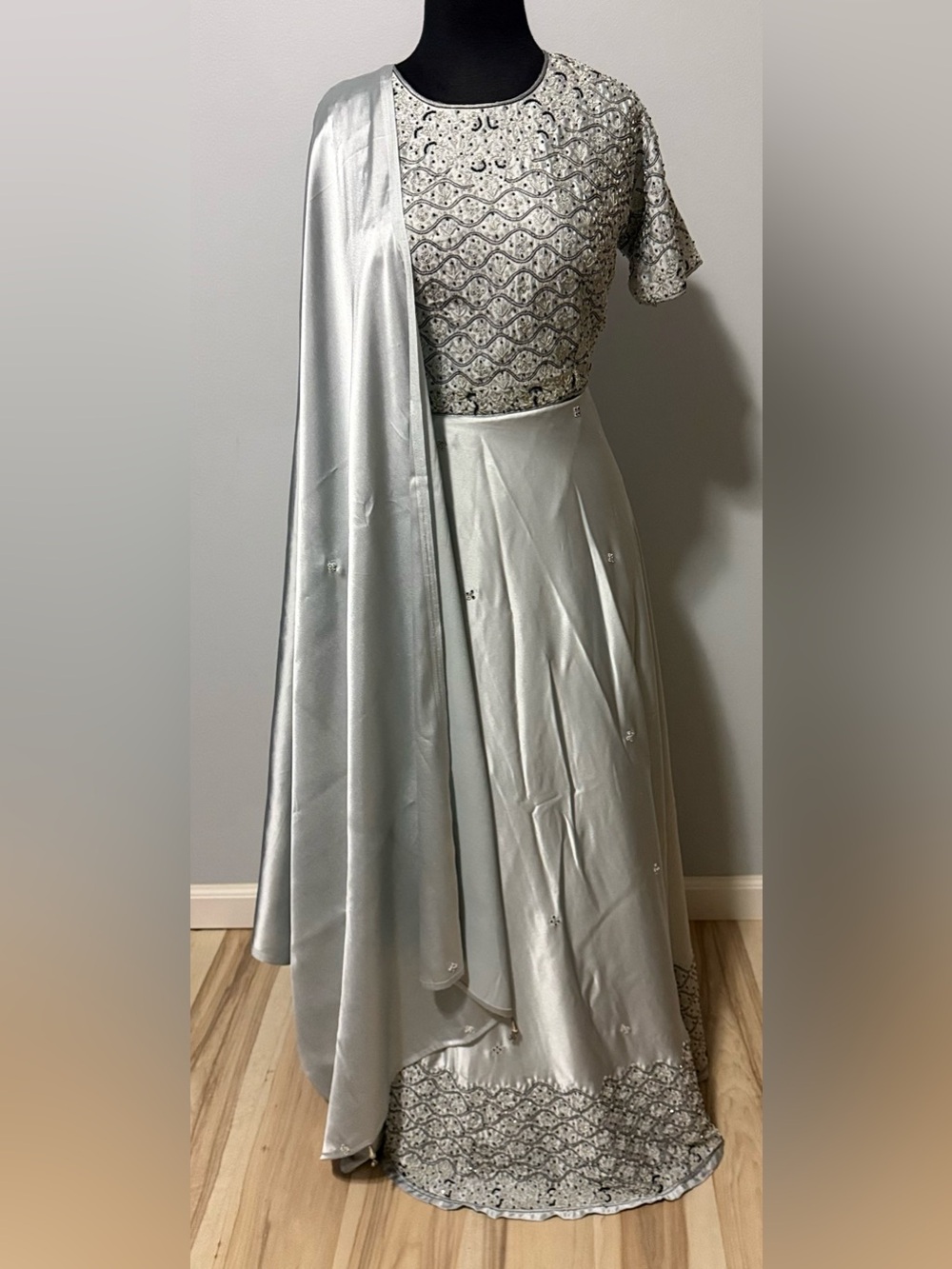 Elegant Silver Embellished Wedding Lehenga Dress